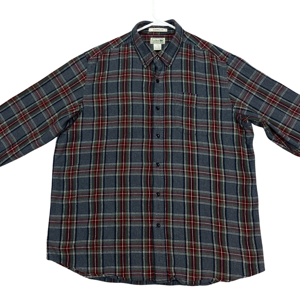 L.L.Bean Mens L Flannel Shirt Gray Red Green Plaid Long Sleeve‎ Traditional Fit